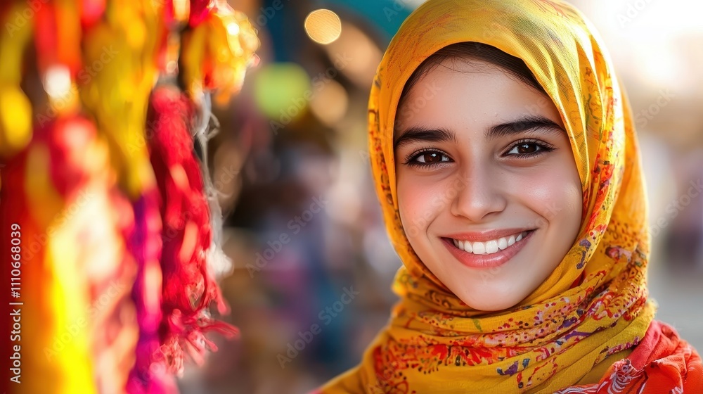 Smiling Young Woman with Yellow Hijab in Colorful Market Setting Smiling Young Woman with Yellow Hijab in Colorful Market Setting