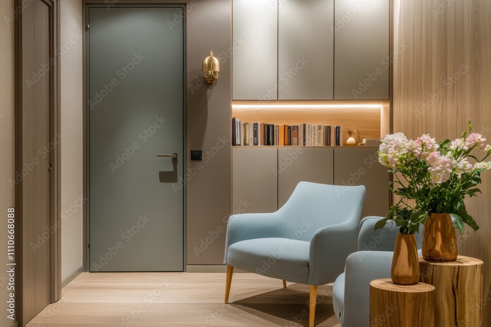 Modern Apartment Interior Design Featuring Stylish Seating and Bookshelves Modern Apartment Interior Design Featuring Stylish Seating and Bookshelves