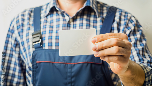 Hand of worker in overalls holding white blank business card with space for text.A worker shows a blank card to potential clients. photo