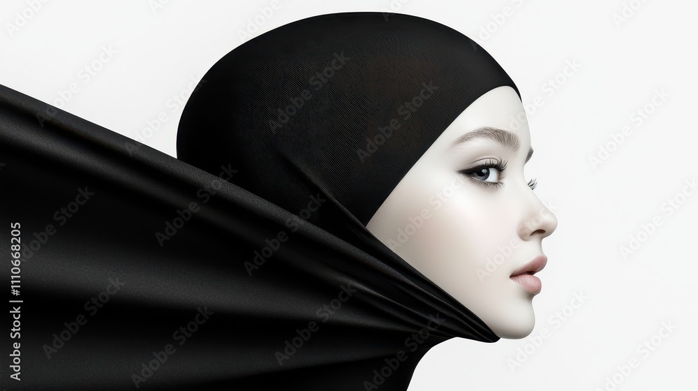 Portrait of a Woman in Black Hijab with Flowing Fabric and Grace Portrait of a Woman in Black Hijab with Flowing Fabric and Grace