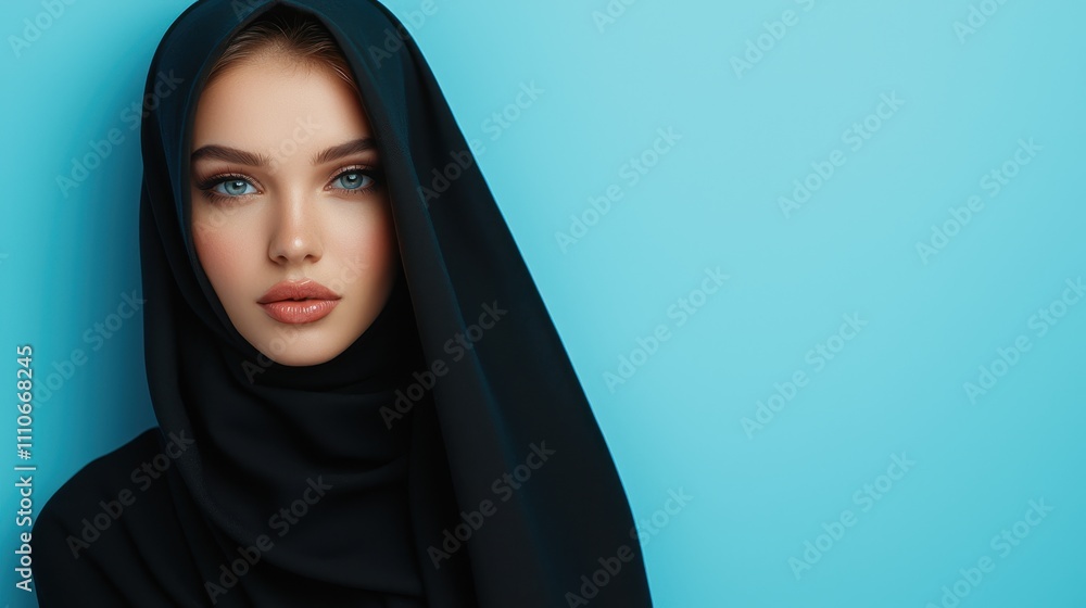 Elegant Young Woman in Black Hijab Against Blue Background Elegant Young Woman in Black Hijab Against Blue Background
