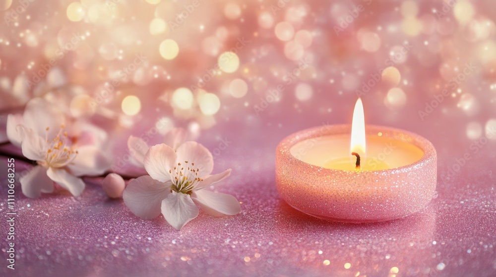 A cozy candlelight in a floral holder, set against a glittery pink background, evoking relaxation and wellness with copy space A cozy candlelight in a floral holder, set against a glittery pink background, evoking relaxation and wellness with copy space