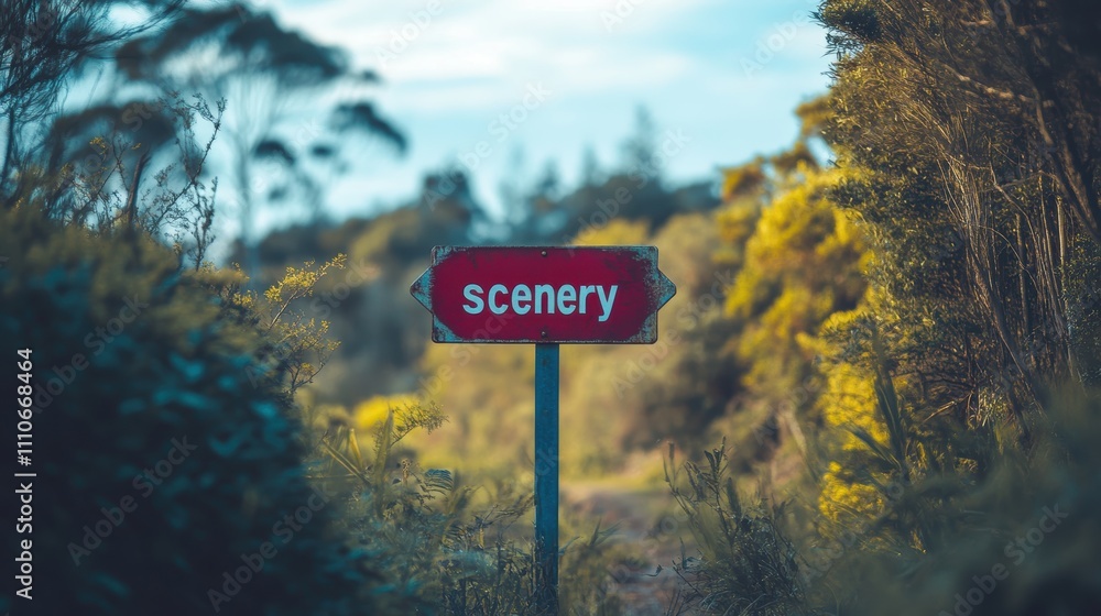 Obraz premium A captivating and serene landscape image featuring a prominent red signpost marked with the word 