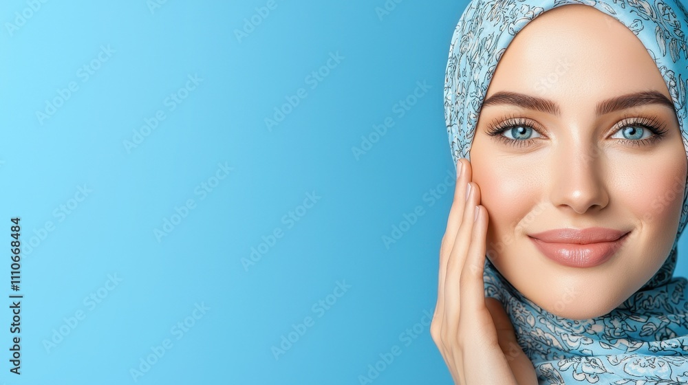Smiling woman with light blue headscarf against a blue background Smiling woman with light blue headscarf against a blue background