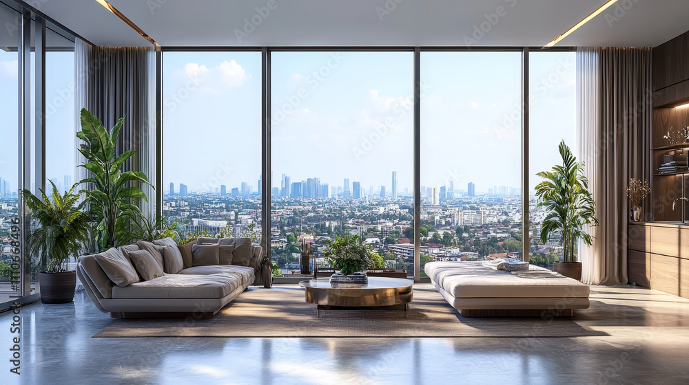 Fototapeta premium A 3D render of a modern living room interior showcasing a panoramic view through expansive glass walls. The space is designed with sleek, contemporary furnishings, emphasizing comfort and style while 