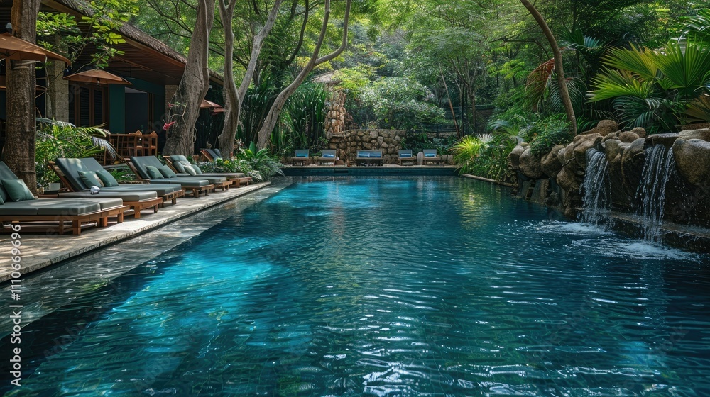 Serene pool surrounded by lush greenery and relaxation areas for leisure and tranquility. Serene pool surrounded by lush greenery and relaxation areas for leisure and tranquility.