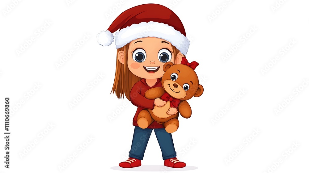 Cute cartoon illustration of a little girl with big sparkling eyes, hugging a teddy bear in festive attire, isolated white background. Cute cartoon illustration of a little girl with big sparkling eyes, hugging a teddy bear in festive attire, isolated white background.