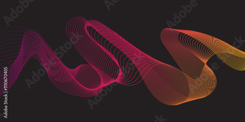 Modern multicolor wave of light is displayed on black background, Abstract wavy lines and neon glow on a black background, soundwave on a dark reflective surface.	