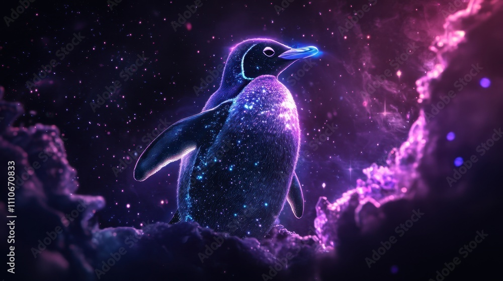 A galactic penguin glowing with astral light, framed by a stunning dark galaxy with vivid star formations and cosmic dust A galactic penguin glowing with astral light, framed by a stunning dark galaxy with vivid star formations and cosmic dust