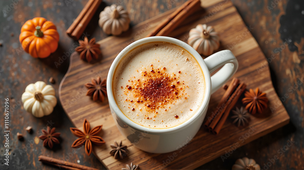 Pumpkin spice latte with whipped cream and autumn garnish on a rustic table Pumpkin spice latte with whipped cream and autumn garnish on a rustic table