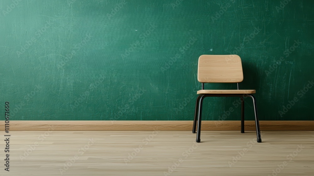 Simple Wooden Chair Against Clean Green Chalkboard Wall Simple Wooden Chair Against Clean Green Chalkboard Wall
