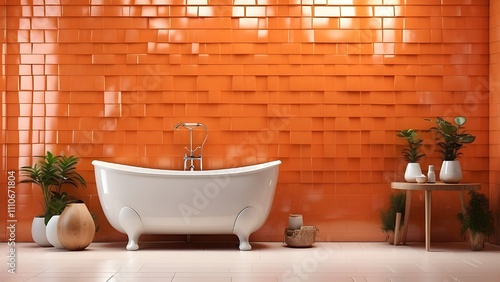 Orange glazed gloss tiles, 3D design, suitable for wall or floor backgrounds, featuring vibrant hues photo