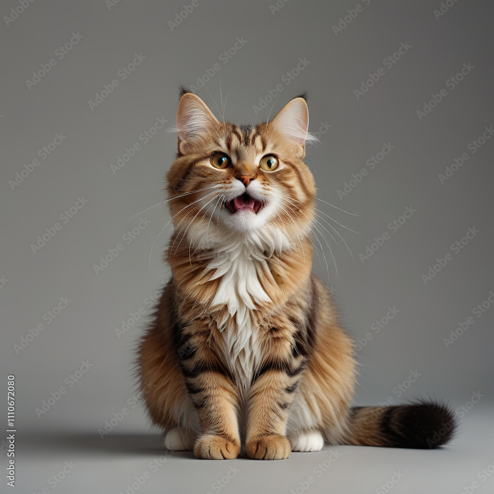 Cute 3D cat with fluffy fur, standing joyfully, expressing happiness on a soft light background. Cute 3D cat with fluffy fur, standing joyfully, expressing happiness on a soft light background.