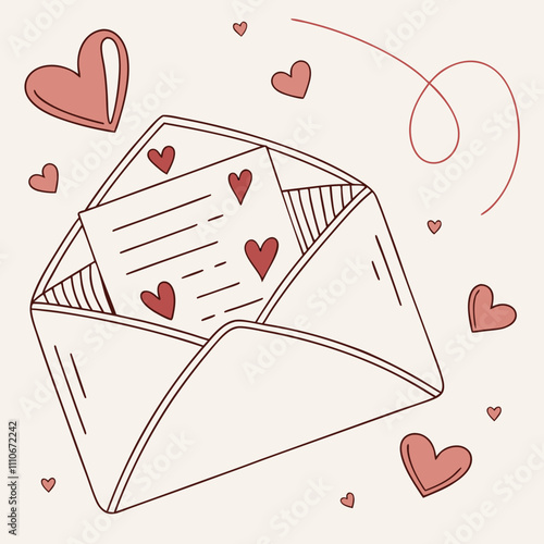 Open envelope with hearts and decorative swirls on pink