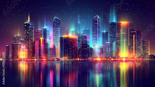 modern stylist digital light building with shiny neon light effect, abstract ultra modern light effect of cityscape featuring sleek modern architecture illuminated by vibrant neon lights.