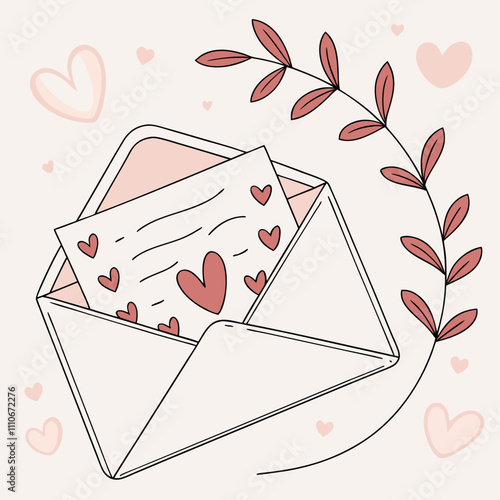 Envelope with red heart surrounded by floral branches