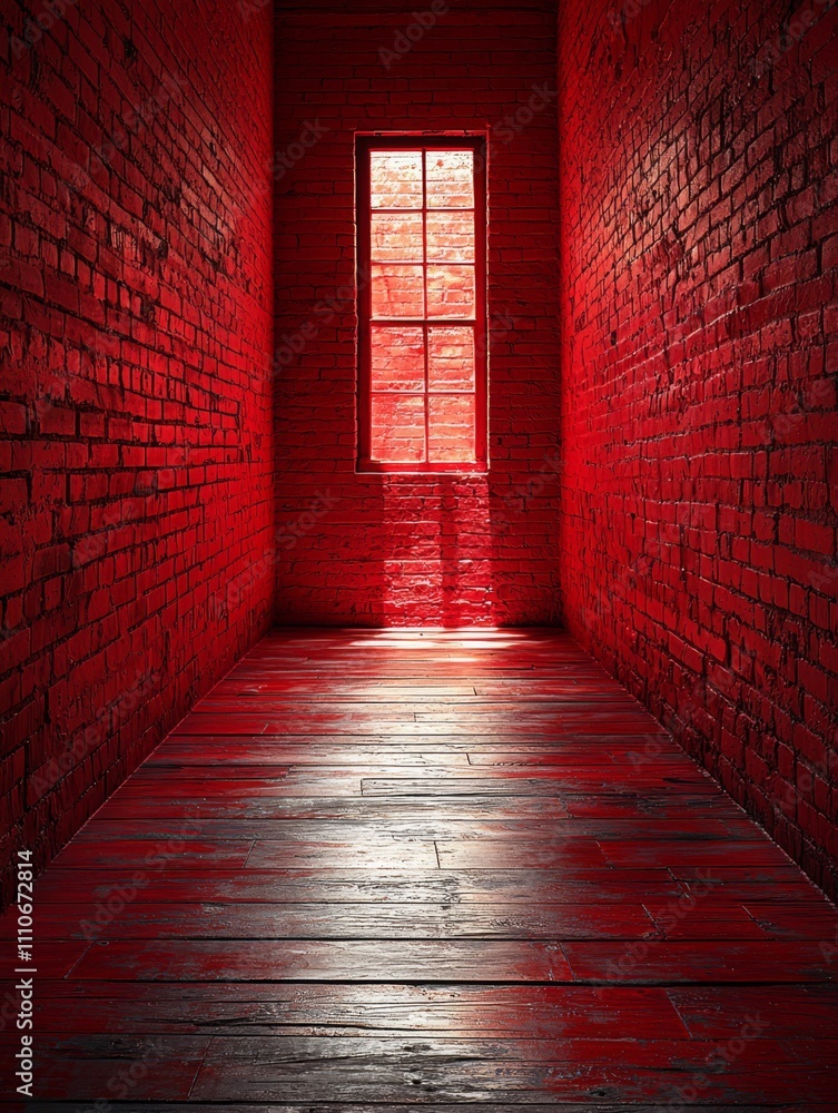 Fototapeta premium Vibrant Red Corridor with Sunlit Window Creating Dramatic Atmosphere