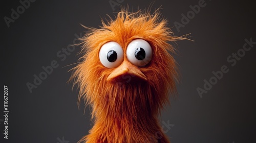 A whimsical orange puppet bird with large eyes and messy feathers, evoking humor and playfulness.