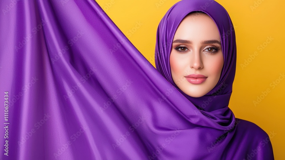 Elegant Woman in Purple Hijab Against Bright Yellow Background