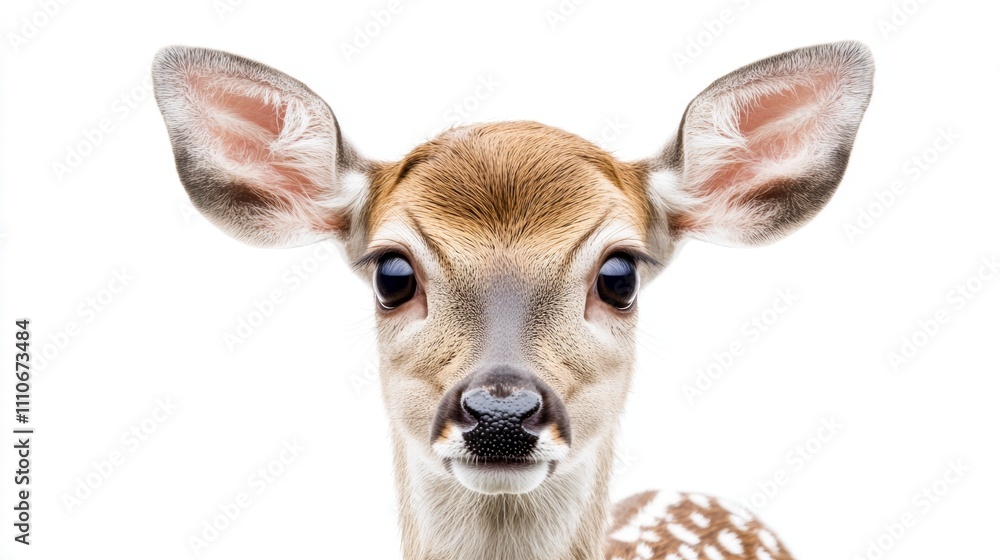 A close-up of a fawn with large eyes and distinctive spots against a white background. A close-up of a fawn with large eyes and distinctive spots against a white background.