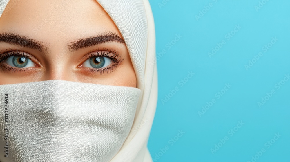 Beautiful woman in hijab with striking blue eyes against blue background Beautiful woman in hijab with striking blue eyes against blue background