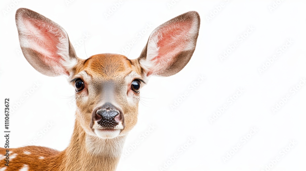 A close-up of a young deer with large ears against a white background. A close-up of a young deer with large ears against a white background.
