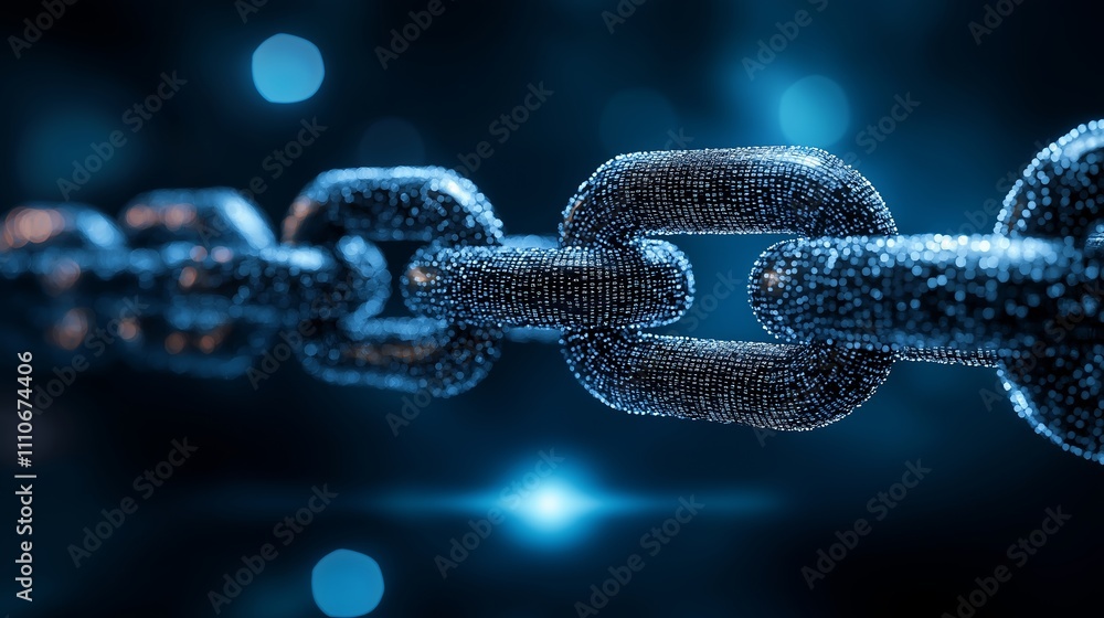 Close-up view of a chain link, showcasing its intricate design and texture against a futuristic blue background. Close-up view of a chain link, showcasing its intricate design and texture against a futuristic blue background.