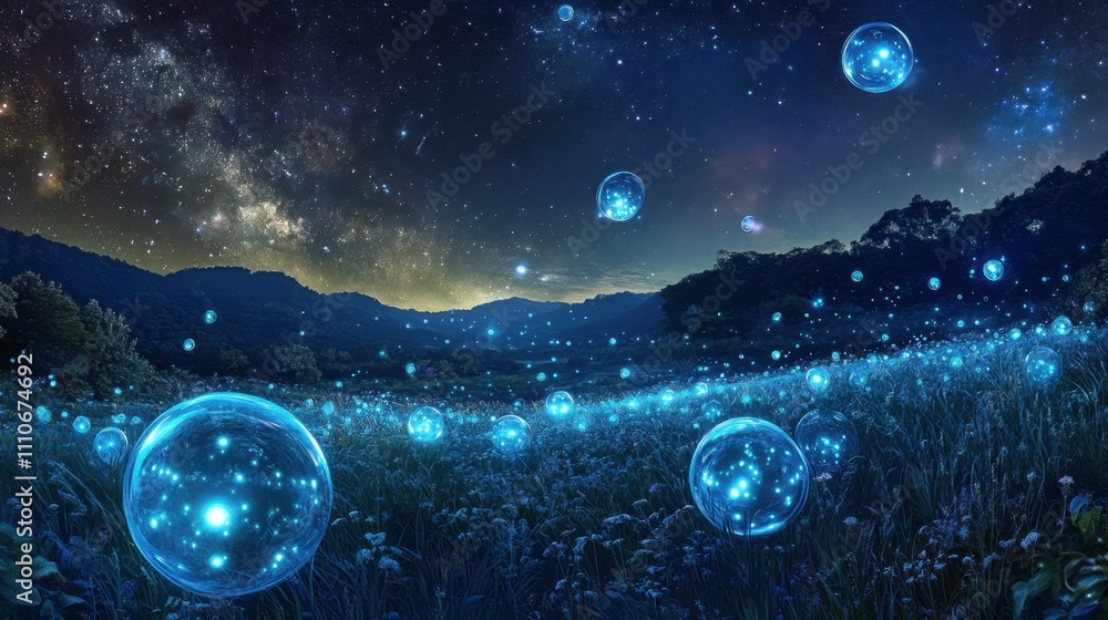 A peaceful alien meadow glowing faintly under starlight, with translucent bioluminescent beings floating abo A peaceful alien meadow glowing faintly under starlight, with translucent bioluminescent beings floating abo