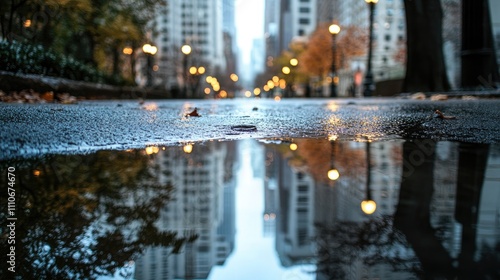 Fototapeta Naklejka Na Ścianę i Meble -  Close-up of a city puddle reflecting nearby skyscrapers, street lamps, and trees, with small ripples adding a dreamlike quality, capturing the contrast of urban and natural elements.