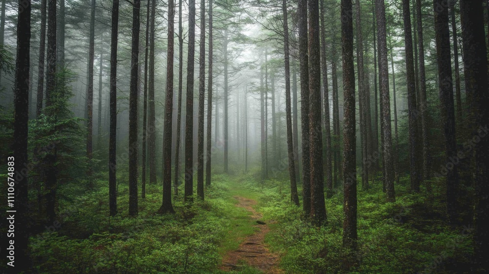 Fototapeta premium A peaceful view of a dark green forest with straight tree trunks and soft white mist covering the background