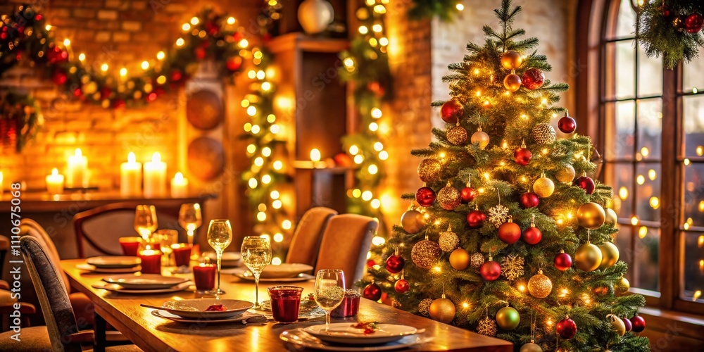 Cozy Christmas Interior Decor in Warm Brown Tones Featuring a Beautiful Tree, Elegant Dining Setup, and Twinkling Lights Creating a Magical Holiday Atmosphere Cozy Christmas Interior Decor in Warm Brown Tones Featuring a Beautiful Tree, Elegant Dining Setup, and Twinkling Lights Creating a Magical Holiday Atmosphere