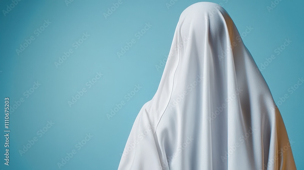 Mysterious Figure Draped in White Fabric Against Blue Background Mysterious Figure Draped in White Fabric Against Blue Background