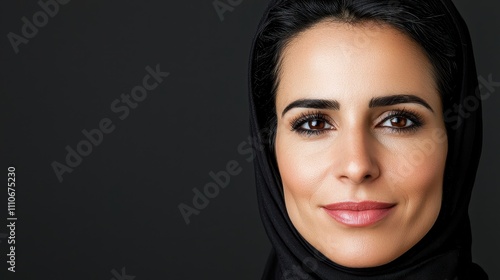 Portrait of Confident Woman Wearing Black Hijab on Dark Background