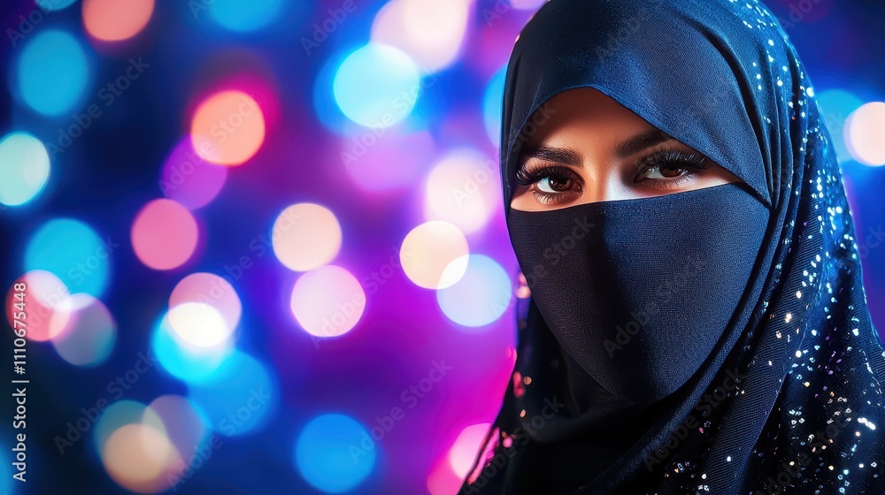 Woman in Hijab Against Colorful Background with Bokeh Lights Woman in Hijab Against Colorful Background with Bokeh Lights