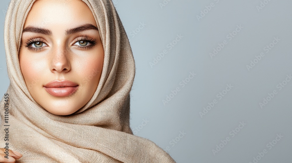 Beautiful woman in headscarf with soft makeup and serene expression Beautiful woman in headscarf with soft makeup and serene expression