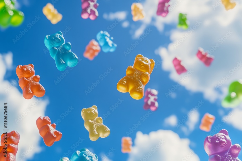 Colorful gummy bears floating in the sky Colorful gummy bears floating in the sky