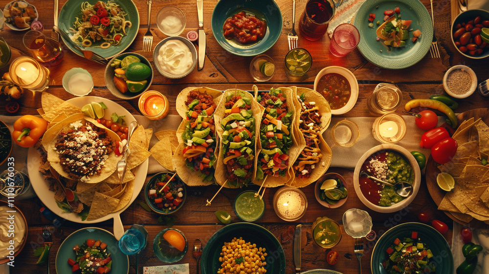 A cozy dinner table featuring plant-based tacos, enchiladas, and guacamole, ready for a family celebration with delivered vegan meals. A cozy dinner table featuring plant-based tacos, enchiladas, and guacamole, ready for a family celebration with delivered vegan meals.