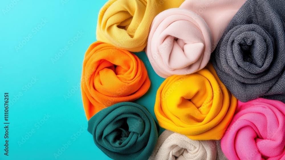 Fototapeta premium Colorful Rolled Fabrics in Various Shades on Teal Background