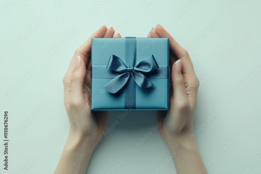 Close-up view of hands holding blue gift box on white background Close-up view of hands holding blue gift box on white background