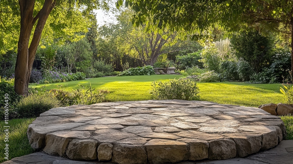A rustic stone platform in a serene patio setting with a lush green garden view in the background A rustic stone platform in a serene patio setting with a lush green garden view in the background