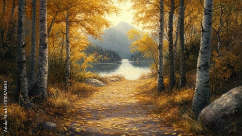 A serene path through a golden forest with fallen leaves carpeting the way, opening to a calm lake in the distance