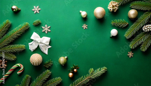 latar belakang natal berwana hijau dengan ornamen hiasan natal