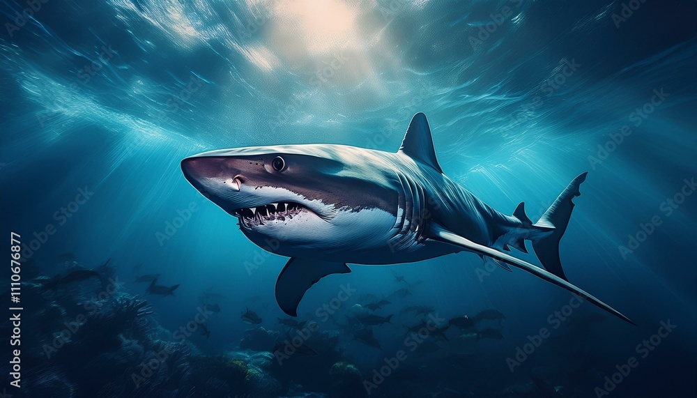 Fototapeta premium shark swimming silently through the depths, with a sense of power