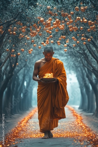 Mindful Monk Under Bodhi Trees Peaceful Holiday Reflection for Bodhi Day, Christmas, and Eid Celebrations