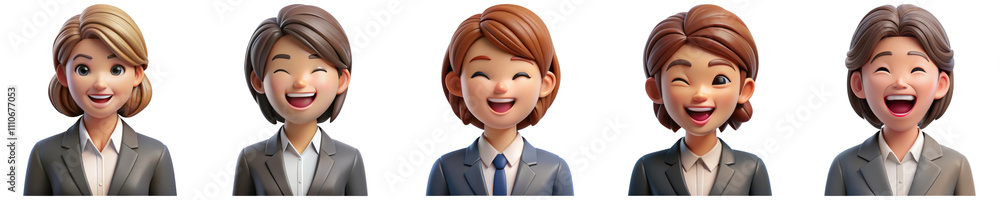 3D Businesswomen characters collection. Five characters displaying various joyful expressions and hairstyles, dressed in suits. 3D Businesswomen characters collection. Five characters displaying various joyful expressions and hairstyles, dressed in suits.