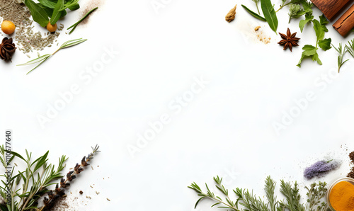 A flat lay arrangement of various herbs and spices on a white background, ideal for culinary or wellness purposes. photo