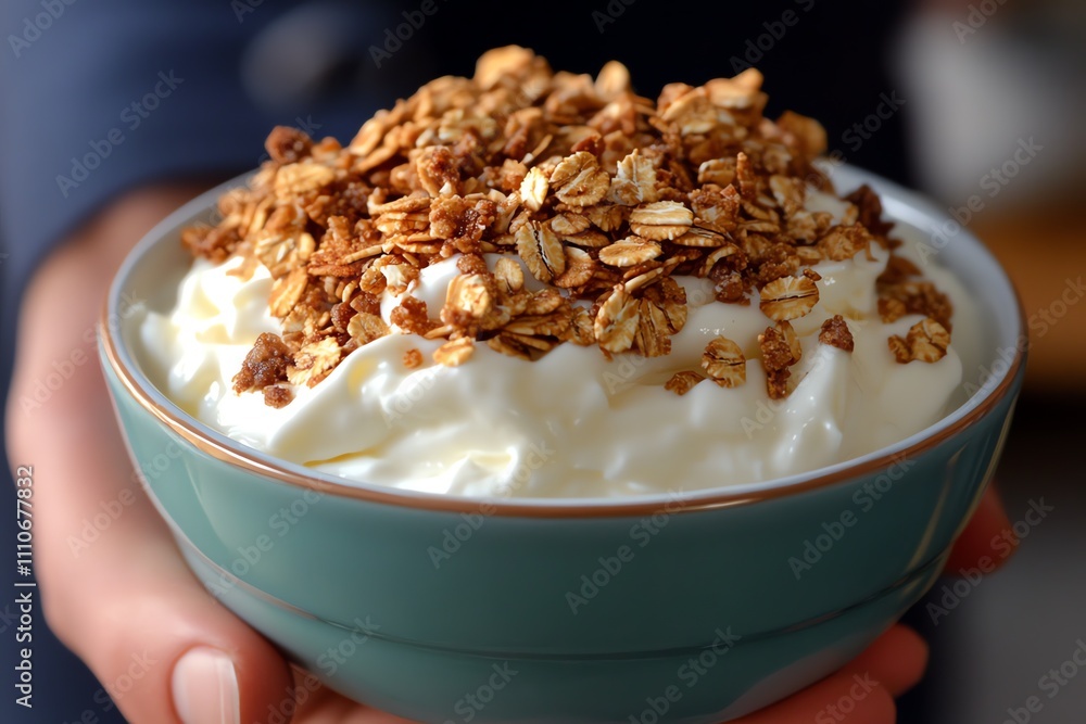 A Hand Holding Yogurt Bowl with Granola A Hand Holding Yogurt Bowl with Granola
