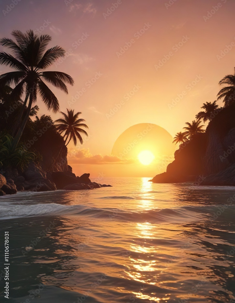 Bright orange sun setting over the horizon in a tropical seascape, tropical, nature, orange sun Bright orange sun setting over the horizon in a tropical seascape, tropical, nature, orange sun