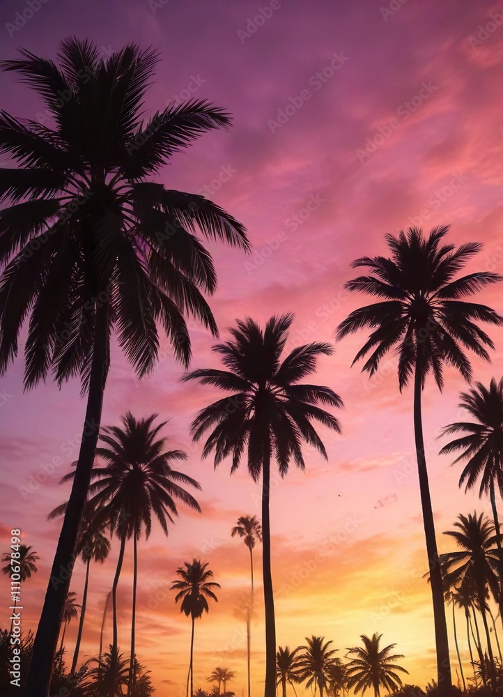 Palm trees silhouetted against a colorful sunset sky, colorful, sky, tranquil Palm trees silhouetted against a colorful sunset sky, colorful, sky, tranquil
