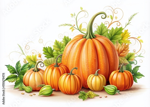 Cute Set of Pumpkins with Leaves Isolated on White Background for Fall Decor and Seasonal Celebrations, Ideal for Illustrations and Graphic Designs